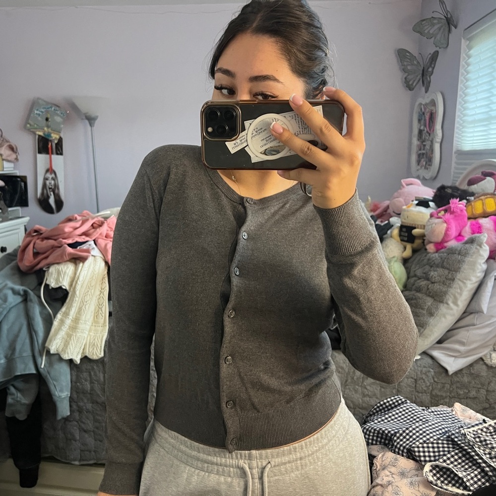 H&M Women's Dark Gray Button-Front Crewneck Cardigan